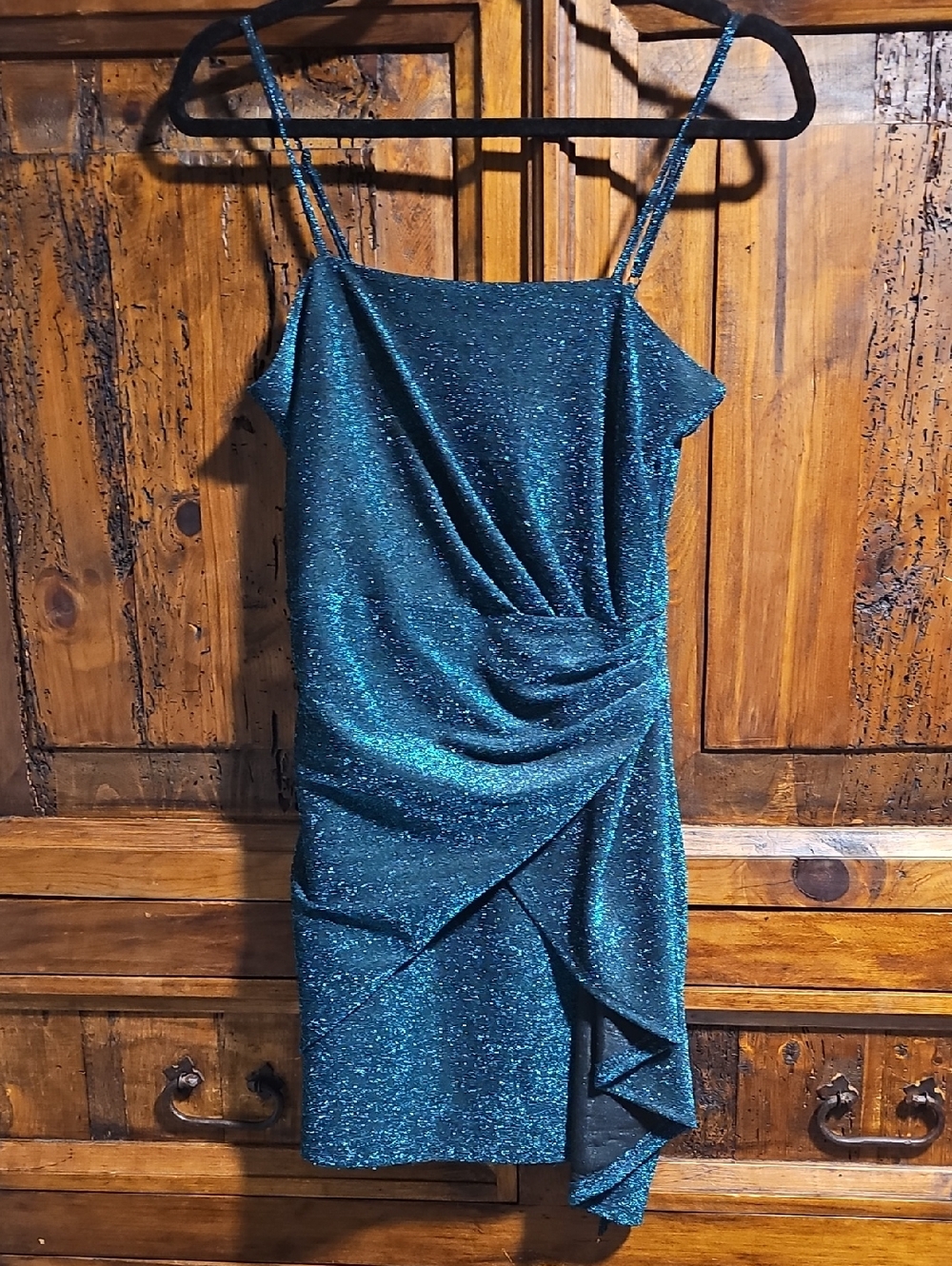 Sparkle Teal Bodycon Dress with Draped Ruffle